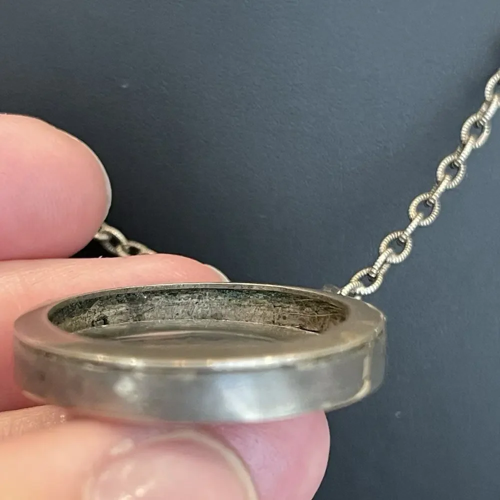 Antique Vintage Sterling Silver Round Glass Photo Locket With Chain READ